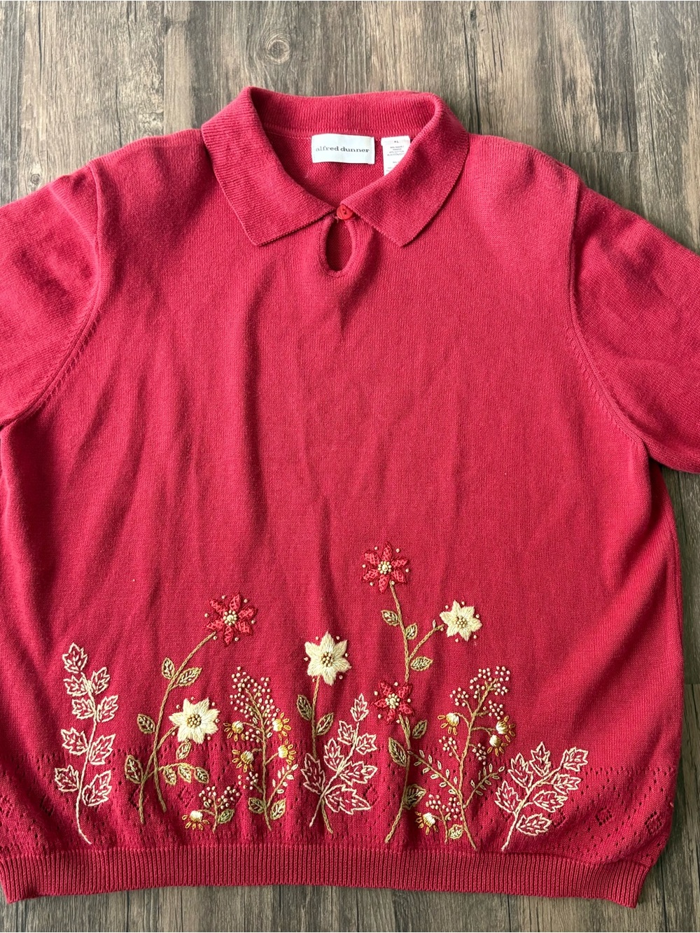 VTG Alfred Dunner Short Sleeve Granny Sweater Polo Red Embroidered Flowers Sz XL